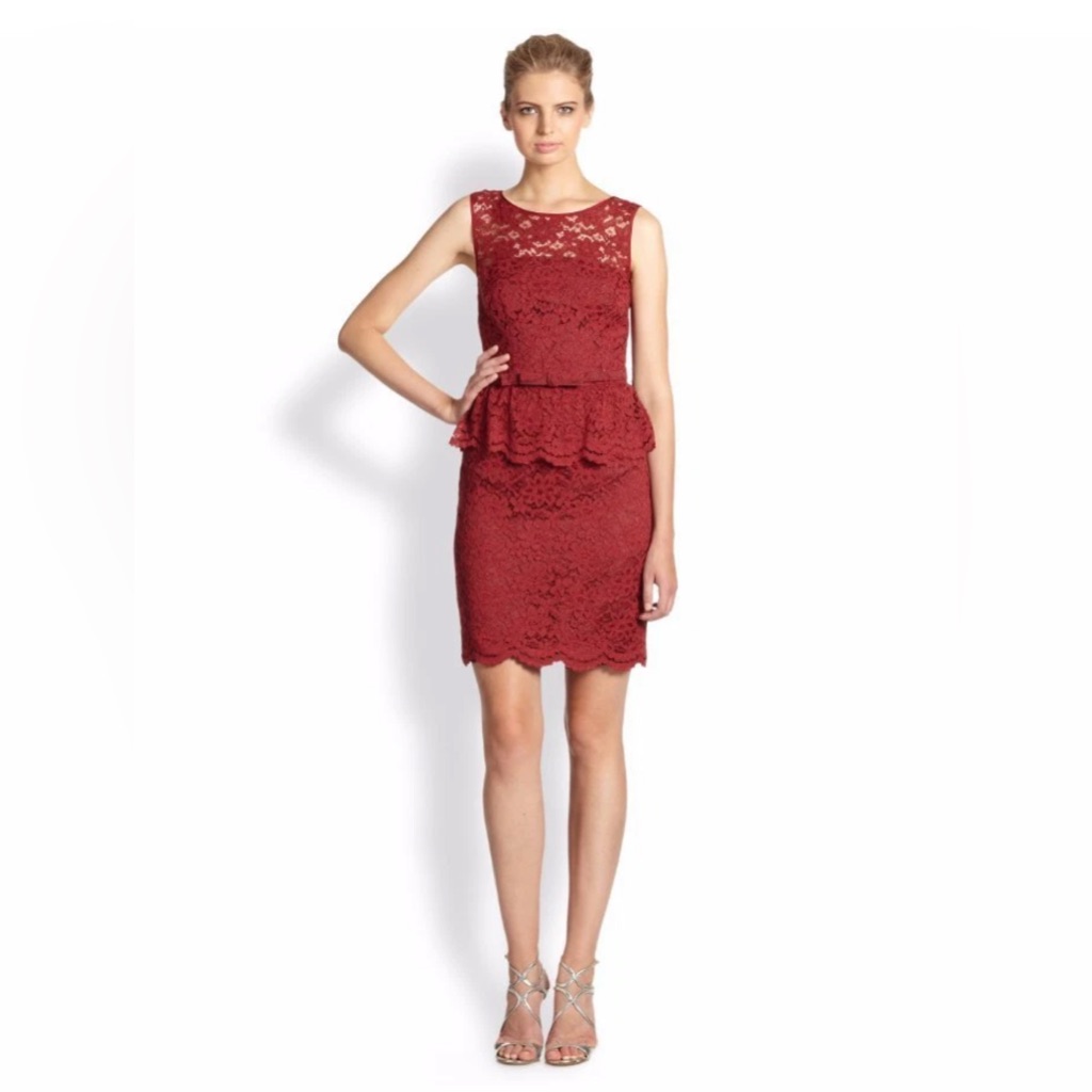 Trina Turk Laural Lace Peplum Dress In Oxblood Burgundy Sheath Size 12 Party